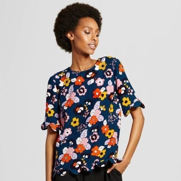 Victoria Beckham for Target Blue Floral Scalloped Top S - Picture 1 of 11
